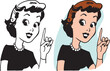 A vintage retro cartoon of a woman pointing up.