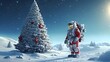 © Creative Photo Focus - Abstract futuristic Christmas night. Santa sails through space in an astronaut suit, giving gifts to the whole universe. Decorated Christmas tree, Happy New year.