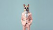 Abstract portrait of a animal dressed up as a man in elegant pastel pink suit. A human size dog in suit on blue background.
