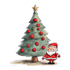 Wall Mural - Doodle Christmas tree and santa on white, transparent background