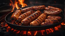 Grilling Sausages On Charcoal, Barbecue Party