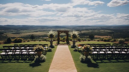 Wall Mural - A picturesque view of the wedding ceremony site with rows of chairs set against a breathtaking natural backdrop