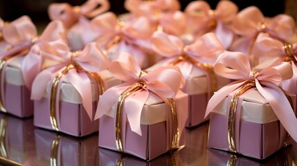 Wall Mural - A charming shot of the wedding favors, delicately wrapped and adorned with ribbons, ready to be shared with guests