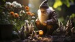 An adorable garden gnome in a garden. Generative AI. 