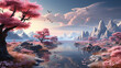 beautiful fantasy landscape, surrealism. trees and clouds islands near the ground. Generative ai