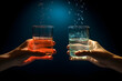 closeup shot of two people clinking beer drink glasses celebration with alcohol vs water and relax concept with copy space.
