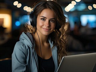 Wall Mural - In a contemporary indoor setting adorned with ambient lights, a young woman with lustrous wavy hair dons a set of sleek headphones. Her subtle smile and serene demeanor radiate a sense of contentment 