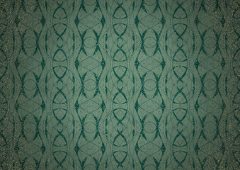  Hand-drawn abstract ornament. Dark green on light cold green background, with vignette of darker background color and splatters of golden glitter. Paper texture. A4. (pattern: p10-4c)
