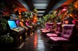 Retro 80s office with neon lights, arcade games, and bold, neon colors