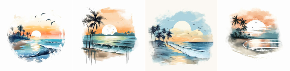 Wall Mural - Hawaii tropic paradise sunshine palm wave sunrise silhouette reflection sunlight resort exotic sand