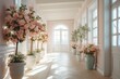 Bright springtime hallway with beautiful flowers and lovely natural lighting. Adorned with Easter decorations. Generative AI