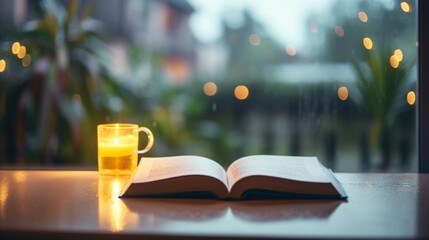 Wall Mural - book with candle placed in open window and rainy view seen from window generated by AI tool