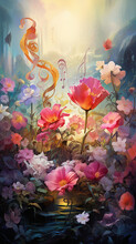 Surreal Symphony, A Harmonious Floral Extravaganza In The Enchanted Garden Of Imagination