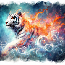 Fantasy Watercolor Painting Of A White Tiger With Swirling Fire Against A Blue Backdrop.generative AI.