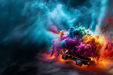 Wall Mural - Virtual world with colorful skateboardsPink chair and beautiful colored smoke abstract background