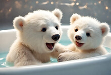 Beautiful Photography Of Two Cute Polar Bears In The Bath Tub. Adorable Photo For Background, Wallpaper, Poster, Prints, Wall Decor, Wall Art, Kids Wall Art, T-shirt Art Design.