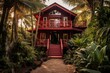 Small crimson dwelling nestled amidst sandy shoreline, lush tropical surroundings. Emblematic of love, family. Depicts safeguarding abode, property ownership, sustainable housing. Generative AI