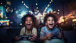 african american kids playing video games happy and excited, video game consoles, fun moments with friends