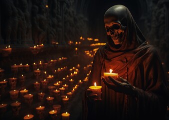 closeup person holding candle room hooded skull heaven hell production monks entertainment