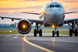 Fototapeta  - Close up tire of air passenger jet plane driving on runway in background of airport. Transportation concept of vehicles and travel.