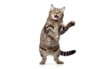 a tabby cat standing up with his arms outstretched isolated on white background