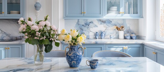 Wall Mural - Provence style apartment with a marble countertop adorned by vases and flowers The kitchen island and dining table are set with tableware The classic interior design room features blue furn