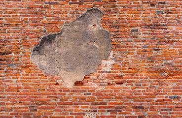 Wall Mural - old brick wall in ancient site and orange retro brickwork background to crack broken with cement or empty red brickwall architecture construction to brown interior exterior rough pattern and texture