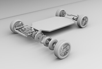 Wall Mural - Clay rendering of Electric Car undercarriage equipped with In-wheel motors in exploded view. Generic design. 3D rendering image.