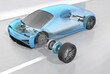 Technical drawing of Electric Car equipped with In-wheel motors in exploded view. Generic design. 3D rendering image.