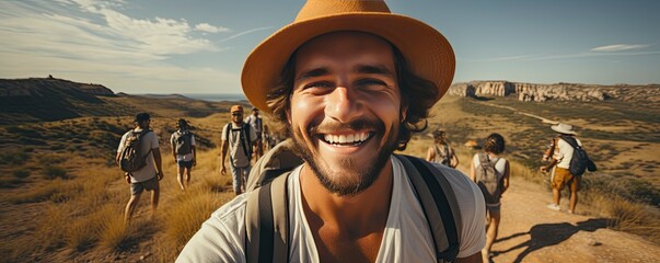 A Handsome man wearing hat and sunglasses taking selfie picture on vacation day - Happy backpacker smiling, Generative AI