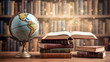 © พงศ์พล วันดี - A library setting with a globe and books. This image shows a vintage globe on a brass stand and a pile of books on a wooden surface. The background is a bookshelf with many books. The image has a warm