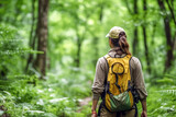 Fototapeta Na ścianę - Rear view of environmental conservation woman worker investigate with backpack in background of forest. Ecosystem concept of environment and nature.
