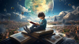 Fototapeta  - Little boy reading book and imagining to virtual reality landscape background.