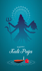 Indian festival. Happy Kali Chaudas, Goddess Kali Maa. on Diwali. Kali Pooja. background. Happy Kali puja. wishes banner Happy Kali Puja Text of India festival poster, story. banner.post.kali. puja.