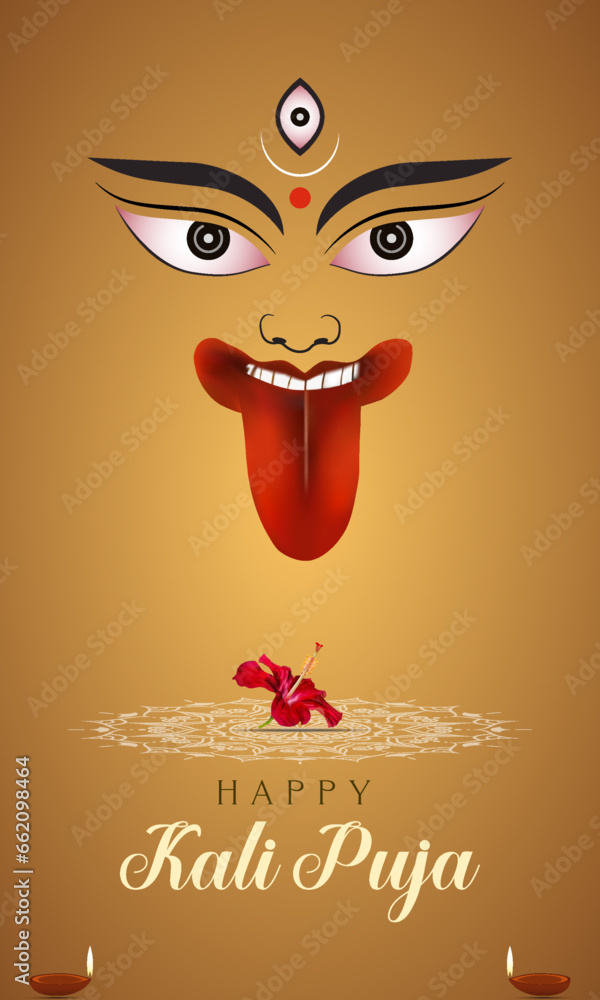 Indian festival. Happy Kali Chaudas, Goddess Kali Maa. on Diwali. Kali Pooja. background. Happy Kali puja. wishes banner Happy Kali Puja Text of India festival poster, story. banner.post.kali. puja.
