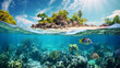 beautiful tropical island with coral reef full of fish swimming underwater, 
