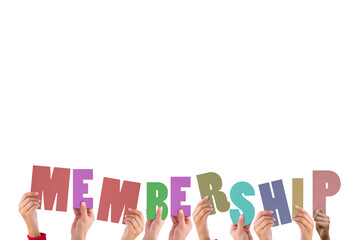 Wall Mural - digital png illustration of hands and membership text on transparent background