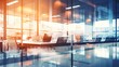 beautiful blurred background of a light modern office interior with panoramic windows and beautiful lighting, Generative AI