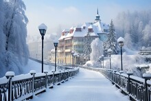 Winter Landscape Of Krynica Zdrój, A Health Resort In Małopolska, Poland, Featuring Snow-covered Central Promenade. Generative AI