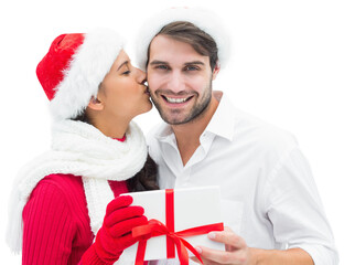 Poster - Digital png photo of caucasian couple with present and santa hats on transparent background