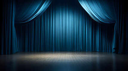 Wall Mural - Blue stage curtains. Empty theater stage with blue velvet curtains. Spotlight showtime copy space