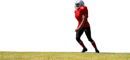 Poster - Digital png photo of american football player running on sport field on transparent background