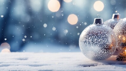 Christmas decoration on snow and bokeh background with copy space.