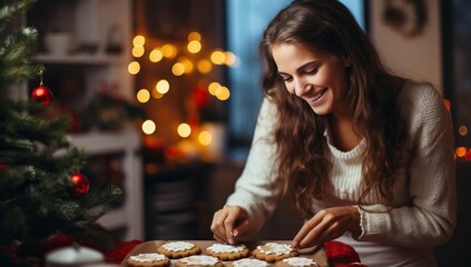 Happy young woman decorating christmas cookies