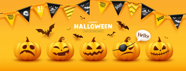 Wall Mural - Halloween yellow pumpkins smiling and scary face collections, colorful flag and bat flying, banner design on yellow background, Eps 10 vector illustration
