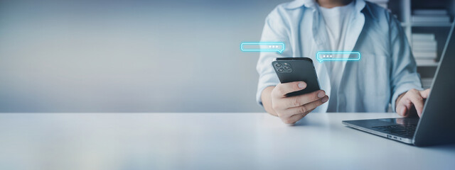 People typing messages, business people typing messages via online messaging app, sending data and chatting via wireless internet network. The concept of using wireless technology in communication.
