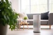Air purifier in living room show air pollution levels in the room. Protect PM 2.5 dust. Human Health and Technology concept. Fresh air.