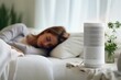 © Oulaphone - Air purifier in bed room show air pollution levels in the room. Protect PM 2.5 dust. Human Health and Technology concept. Fresh air.