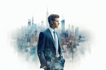 double exposure of handsome businessman and cityscape on white background