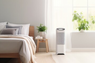 Air purifier in bed room show air pollution levels in the room. Protect PM 2.5 dust. Human Health and Technology concept. Fresh air.